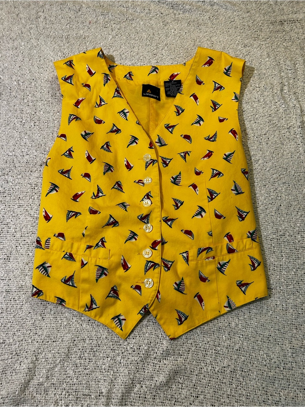 Vintage 80s Lizsport cotton yellow sailboat pattern vest size 8
